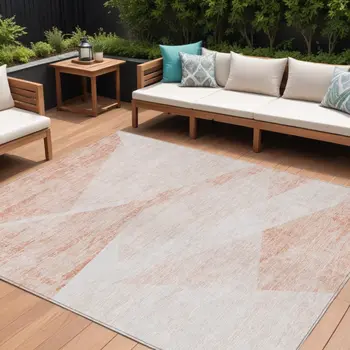 9' X 12' Salmon Peach And Ivory Abstract Washable Indoor Outdoor Area Rug