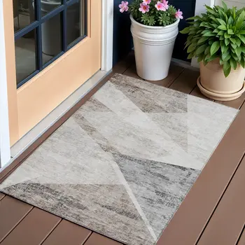 3' X 5' Silver Beige And Gray Abstract Washable Indoor Outdoor Area Rug