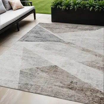 5' X 8' Silver Beige And Gray Abstract Washable Indoor Outdoor Area Rug
