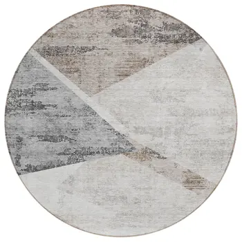 8' Silver Beige And Gray Round Abstract Washable Indoor Outdoor Area Rug
