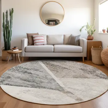 8' Silver Beige And Gray Round Abstract Washable Indoor Outdoor Area Rug
