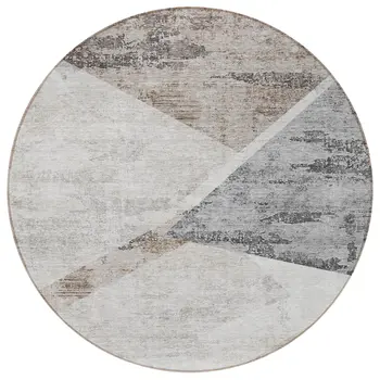 8' Silver Beige And Gray Round Abstract Washable Indoor Outdoor Area Rug