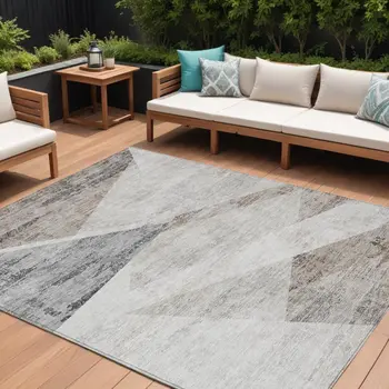 8' X 10' Silver Beige And Gray Abstract Washable Indoor Outdoor Area Rug