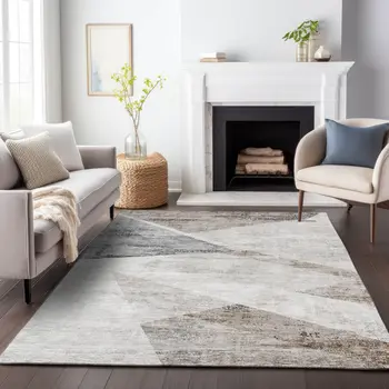 8' X 10' Silver Beige And Gray Abstract Washable Indoor Outdoor Area Rug