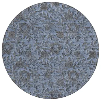 8' Blue Gray And Charcoal Round Floral Washable Indoor Outdoor Area Rug