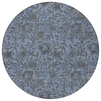 8' Blue Gray And Charcoal Round Floral Washable Indoor Outdoor Area Rug