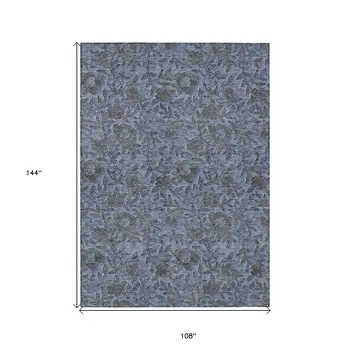 9' X 12' Blue Gray And Charcoal Floral Washable Indoor Outdoor Area Rug