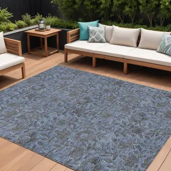 9' X 12' Blue Gray And Charcoal Floral Washable Indoor Outdoor Area Rug
