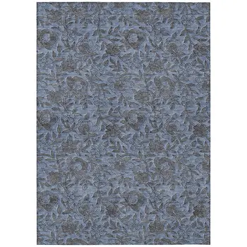 9' X 12' Blue Gray And Charcoal Floral Washable Indoor Outdoor Area Rug