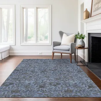 9' X 12' Blue Gray And Charcoal Floral Washable Indoor Outdoor Area Rug