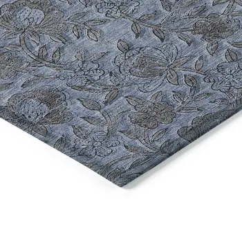 10' X 14' Blue Gray And Charcoal Floral Washable Indoor Outdoor Area Rug