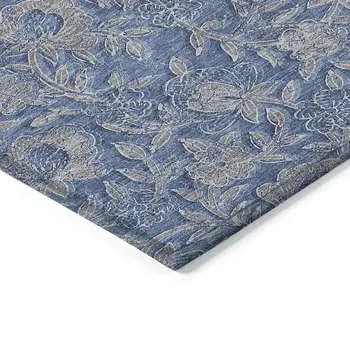 3' X 5' Denim Blue And Taupe Floral Washable Indoor Outdoor Area Rug