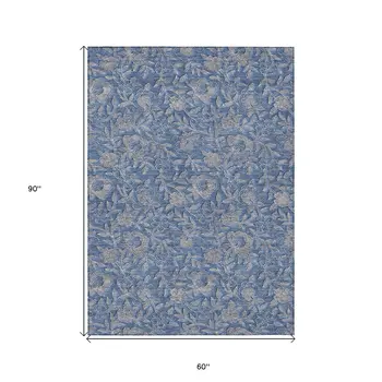 5' X 8' Denim Blue And Taupe Floral Washable Indoor Outdoor Area Rug