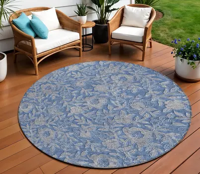 8' Denim Blue And Taupe Round Floral Washable Indoor Outdoor Area Rug