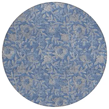 8' Denim Blue And Taupe Round Floral Washable Indoor Outdoor Area Rug