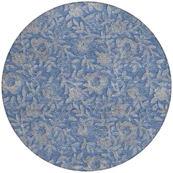 8' Denim Blue And Taupe Round Floral Washable Indoor Outdoor Area Rug