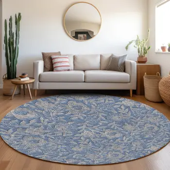 8' Denim Blue And Taupe Round Floral Washable Indoor Outdoor Area Rug