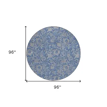8' Denim Blue And Taupe Round Floral Washable Indoor Outdoor Area Rug