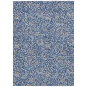 8' X 10' Denim Blue And Taupe Floral Washable Indoor Outdoor Area Rug