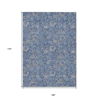 9' X 12' Denim Blue And Taupe Floral Washable Indoor Outdoor Area Rug