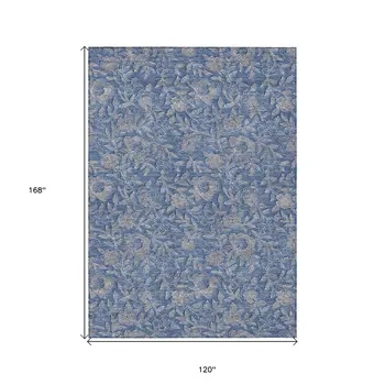 10' X 14' Denim Blue And Taupe Floral Washable Indoor Outdoor Area Rug