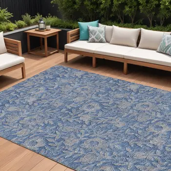 10' X 14' Denim Blue And Taupe Floral Washable Indoor Outdoor Area Rug