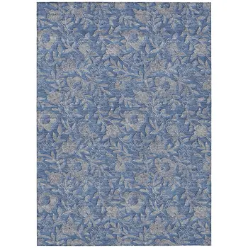 10' X 14' Denim Blue And Taupe Floral Washable Indoor Outdoor Area Rug