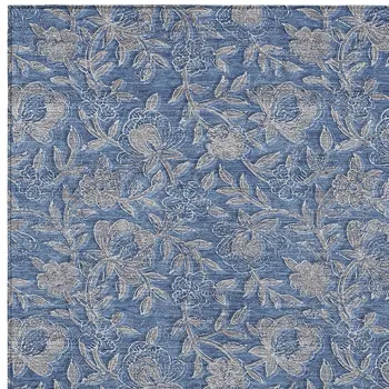 10' X 14' Denim Blue And Taupe Floral Washable Indoor Outdoor Area Rug