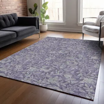 3' X 5' Eggplant Purple And Gray Floral Washable Indoor Outdoor Area Rug