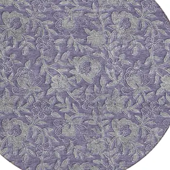 8' Eggplant Purple And Gray Round Floral Washable Indoor Outdoor Area Rug