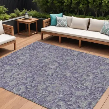 8' X 10' Eggplant Purple And Gray Floral Washable Indoor Outdoor Area Rug
