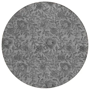 8' Gray Charcoal And Silver Round Floral Washable Indoor Outdoor Area Rug