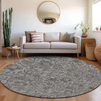 8' Gray Charcoal And Silver Round Floral Washable Indoor Outdoor Area Rug
