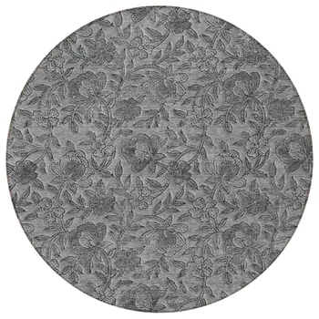 8' Gray Charcoal And Silver Round Floral Washable Indoor Outdoor Area Rug