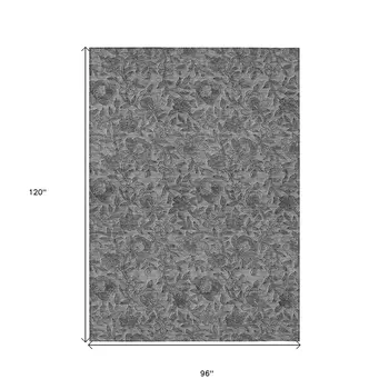 8' X 10' Gray Charcoal And Silver Floral Washable Indoor Outdoor Area Rug