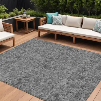 8' X 10' Gray Charcoal And Silver Floral Washable Indoor Outdoor Area Rug