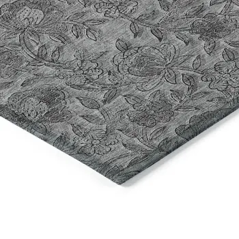 8' X 10' Gray Charcoal And Silver Floral Washable Indoor Outdoor Area Rug
