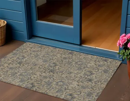 3' X 5' Khaki Beige And Gray Floral Washable Indoor Outdoor Area Rug