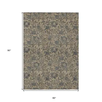 5' X 8' Khaki Beige And Gray Floral Washable Indoor Outdoor Area Rug
