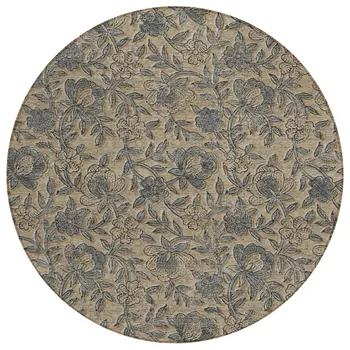 8' Khaki Beige And Gray Round Floral Washable Indoor Outdoor Area Rug