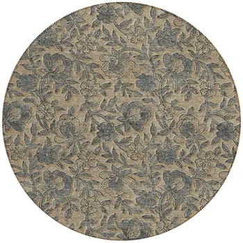 8' Khaki Beige And Gray Round Floral Washable Indoor Outdoor Area Rug