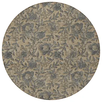 8' Khaki Beige And Gray Round Floral Washable Indoor Outdoor Area Rug