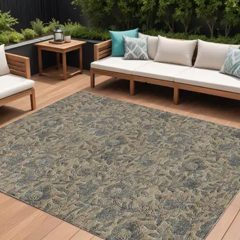 8' X 10' Khaki Beige And Gray Floral Washable Indoor Outdoor Area Rug