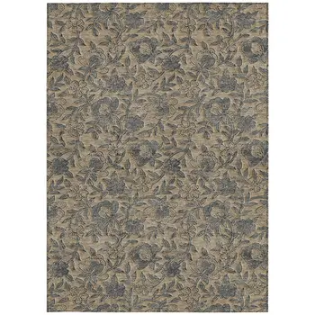 9' X 12' Khaki Beige And Gray Floral Washable Indoor Outdoor Area Rug