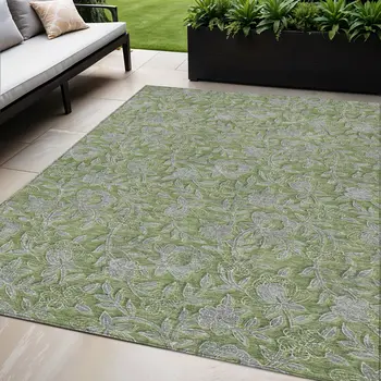 5' X 8' Olive Green And Gray Floral Washable Indoor Outdoor Area Rug