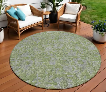 8' Olive Green And Gray Round Floral Washable Indoor Outdoor Area Rug