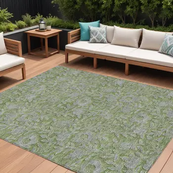 8' X 10' Olive Green And Gray Floral Washable Indoor Outdoor Area Rug