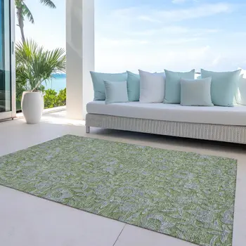 8' X 10' Olive Green And Gray Floral Washable Indoor Outdoor Area Rug