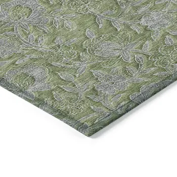 8' X 10' Olive Green And Gray Floral Washable Indoor Outdoor Area Rug