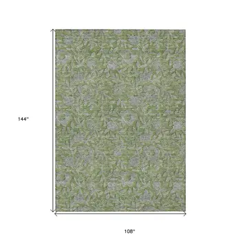 9' X 12' Olive Green And Gray Floral Washable Indoor Outdoor Area Rug